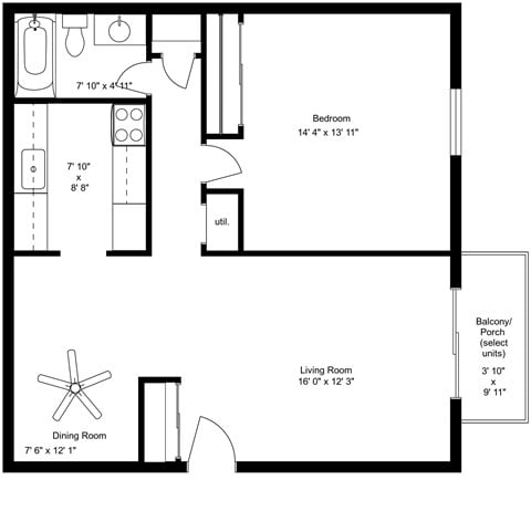Floor plan for 1 bed, 1 bath, 775 sqft